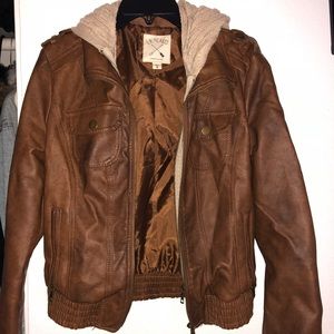 LA Hearts brown leather jacket with knit hood